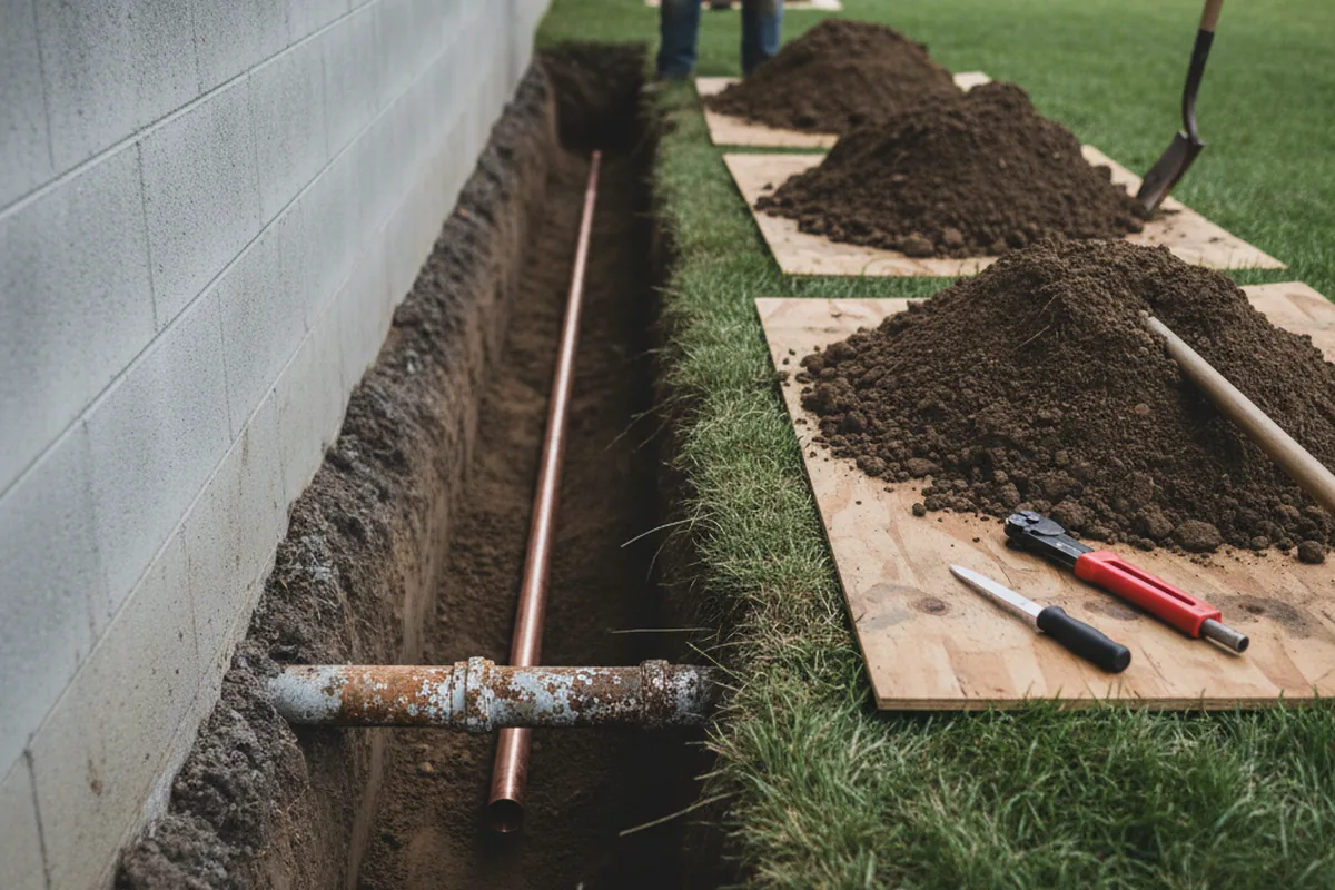 Excavated water line trench during Sewer Line Repair in Claudville